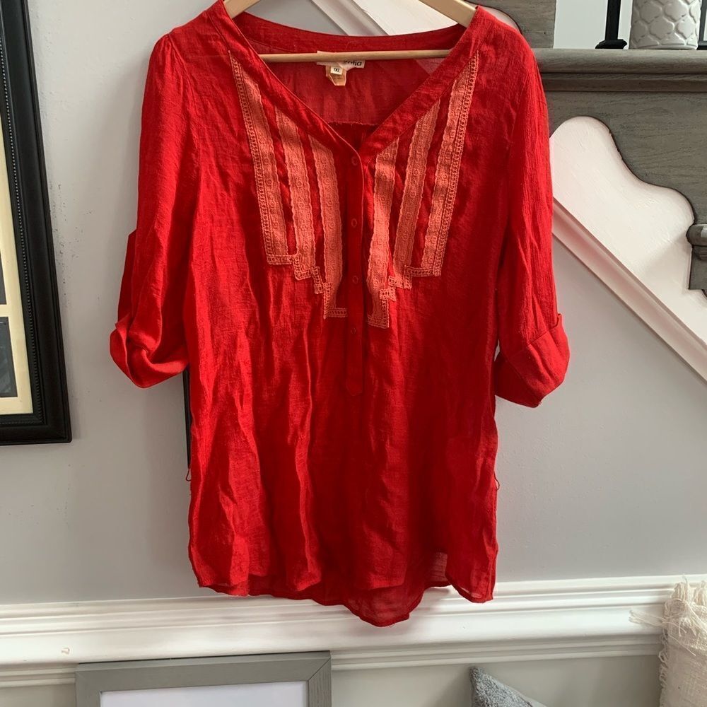 Katia Red Mixed Medium Cuff Sleeve Tunic Blouse sz 1X